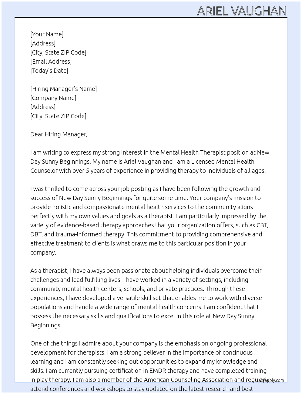 Mental Health Therapist At New Day Sunny Beginnings  Cover Letter
