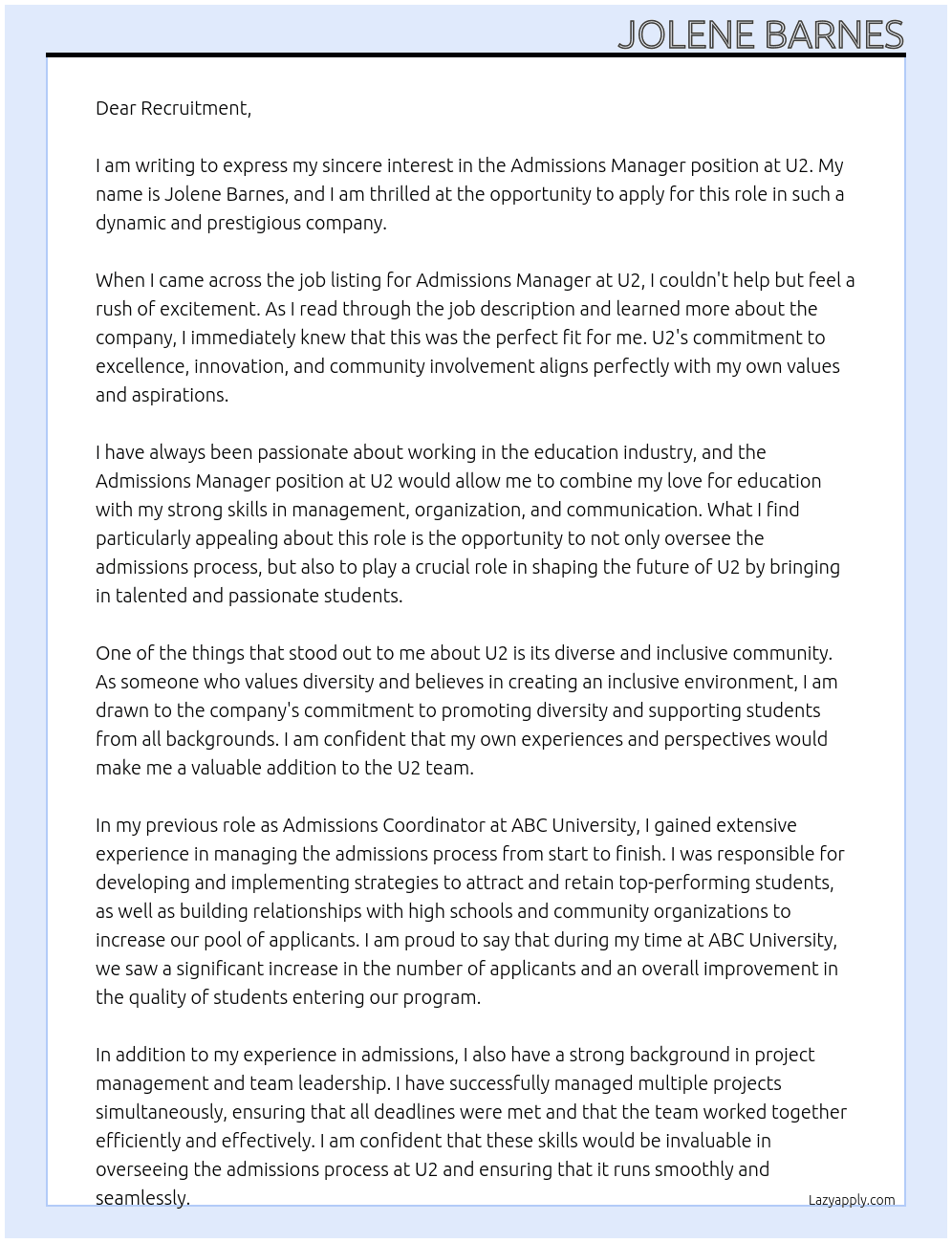 Admissions Manager At U2 Cover Letter