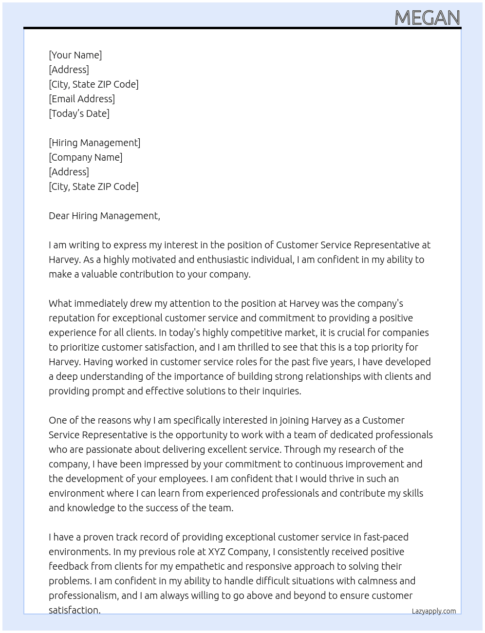 Customer Service Representtive  At Harvey Cover Letter