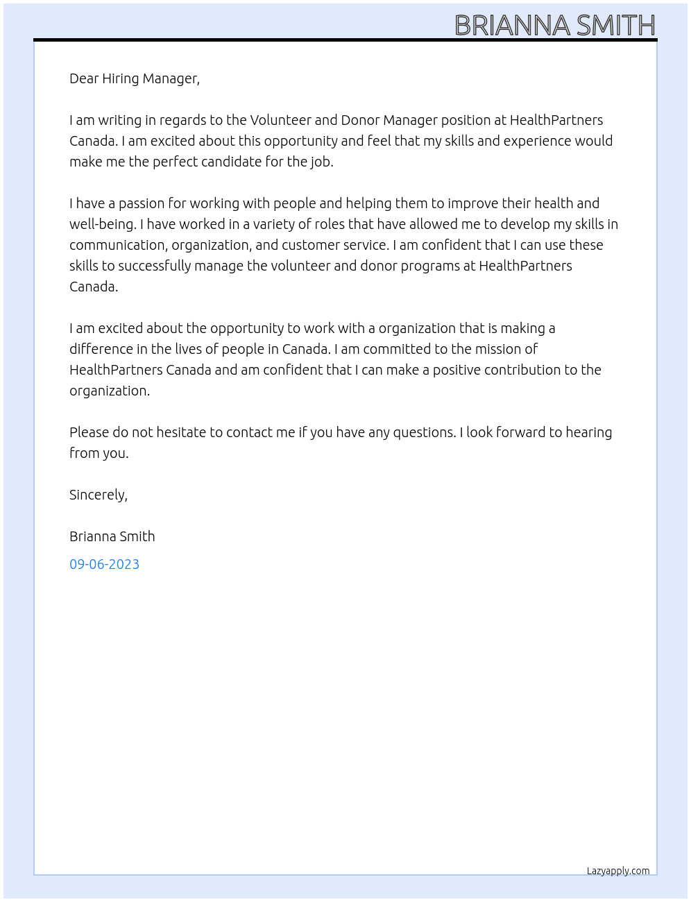 Volunteer and Donor Manager At HealthPartners Canada Cover Letter