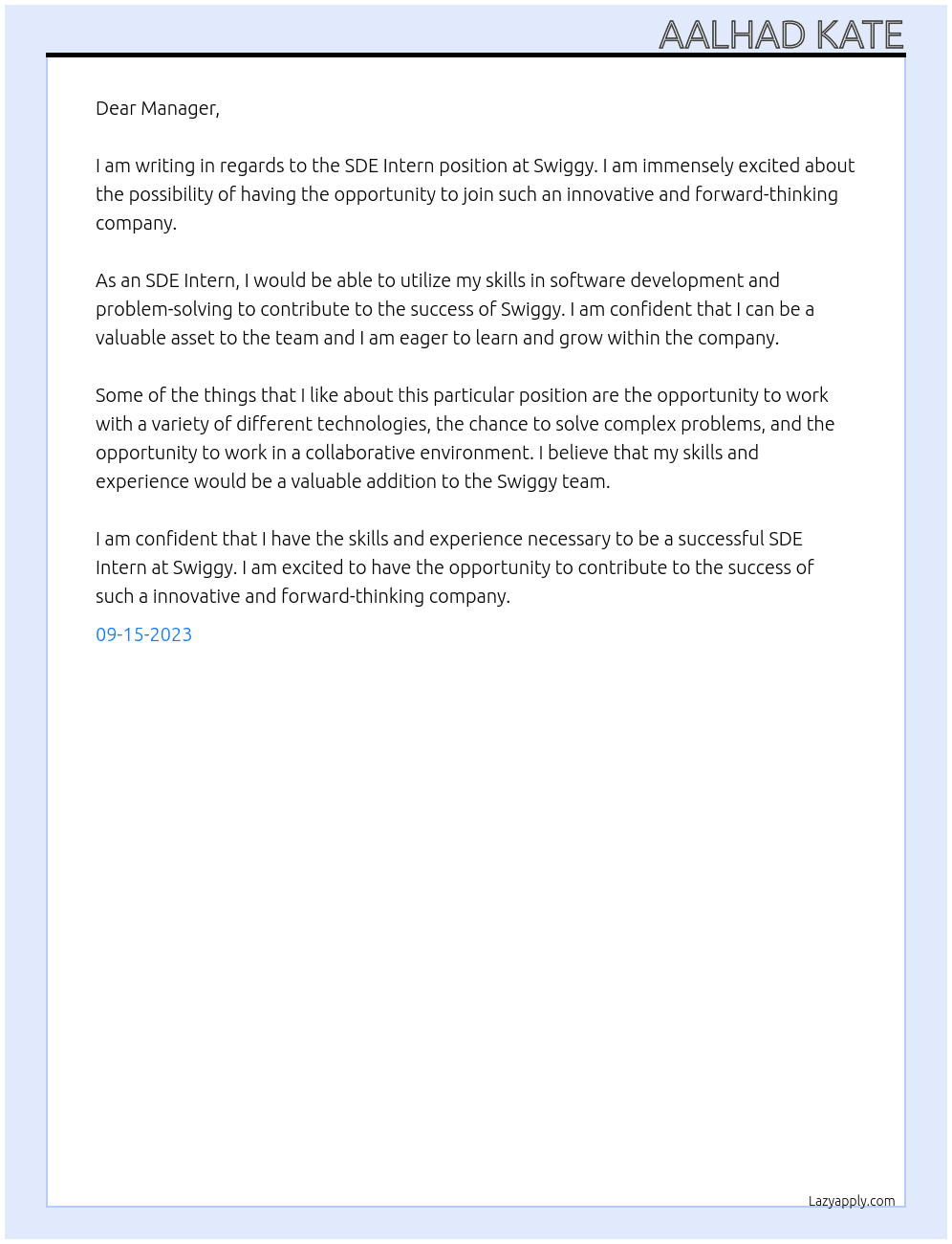 SDE Intern At Swiggy Cover Letter