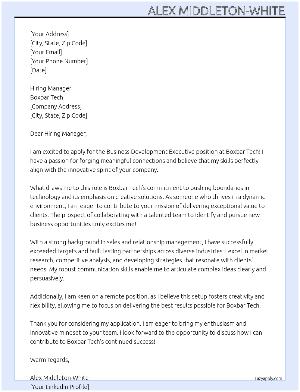 Business Development Executive  At Boxbar Tech Cover Letter