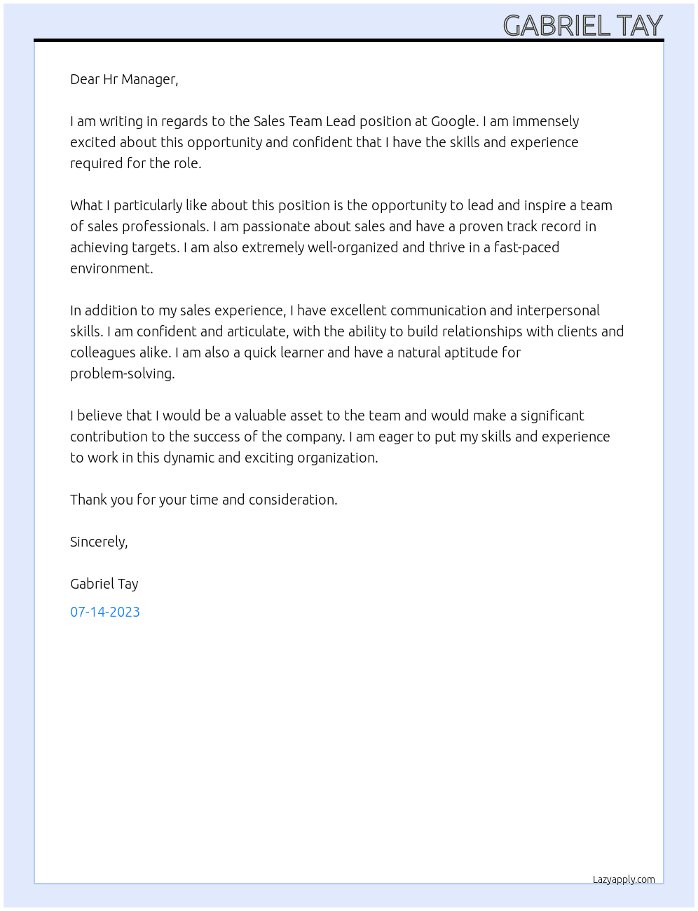 Sales Team Lead At Google Cover Letter