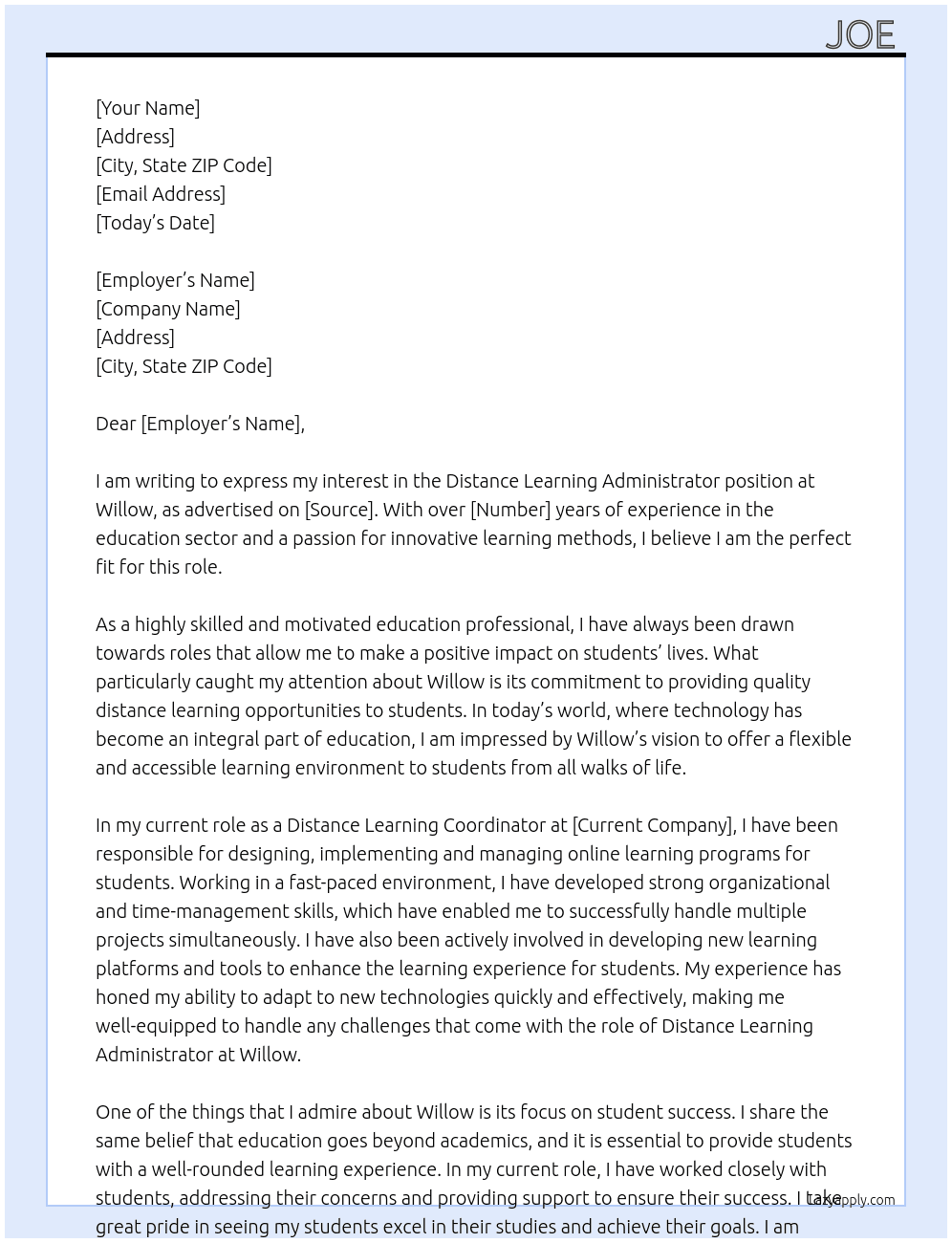 distance learning administrator At Willow Cover Letter