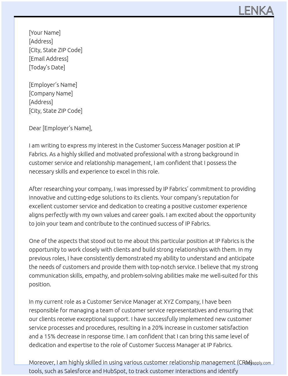 Customer success manager At IP Fabrics Cover Letter