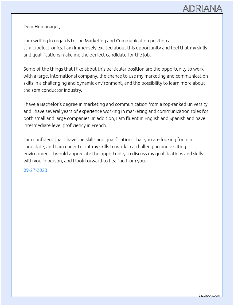 Marketing and Communication At stmicroelectronics Cover Letter