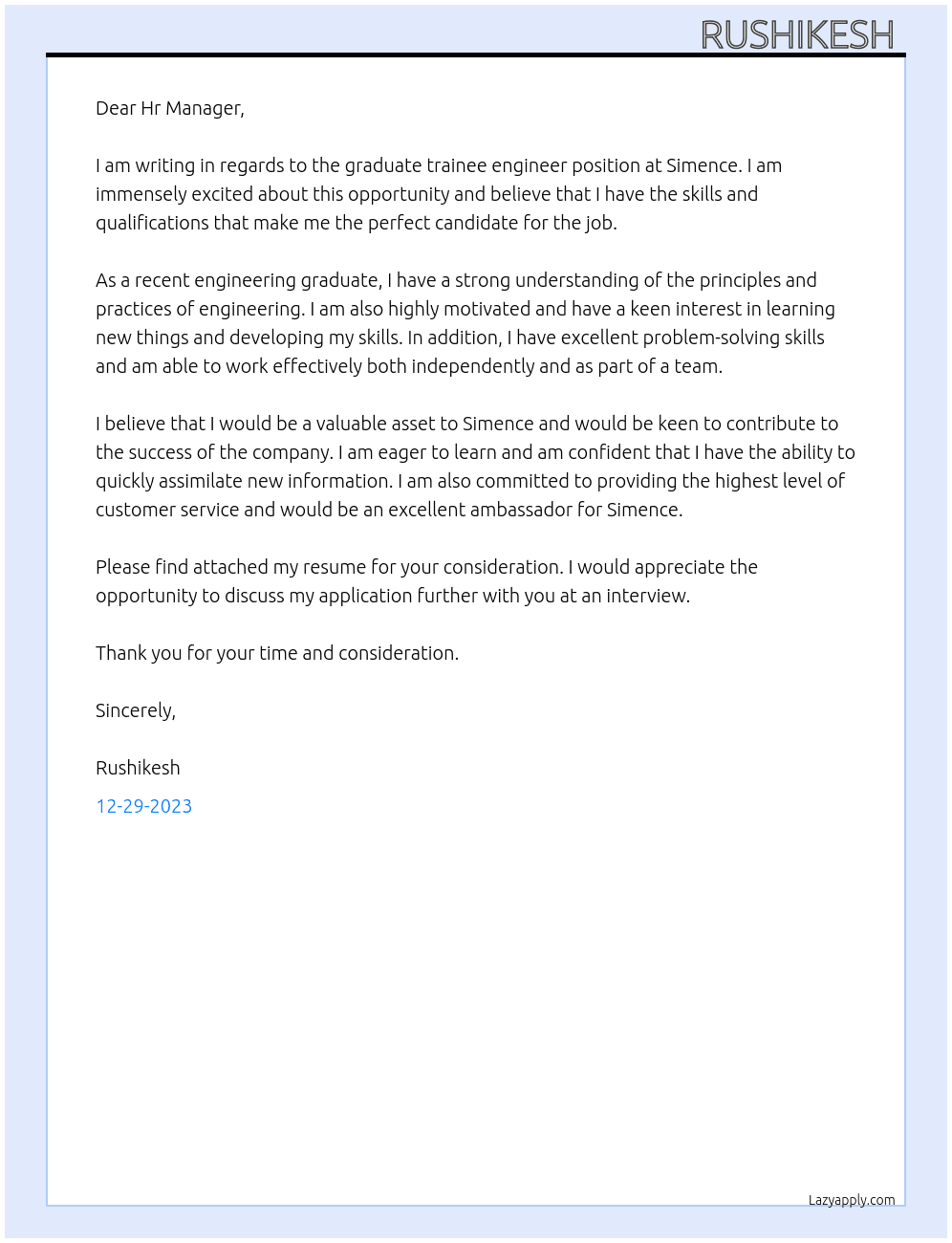 Graduate trainee engineer  At Simence  Cover Letter