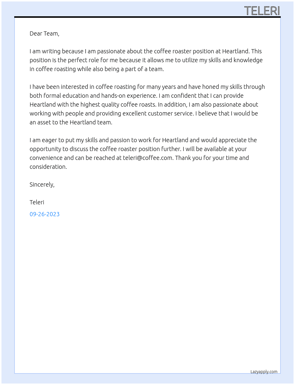 coffee roaster At Heartland Cover Letter