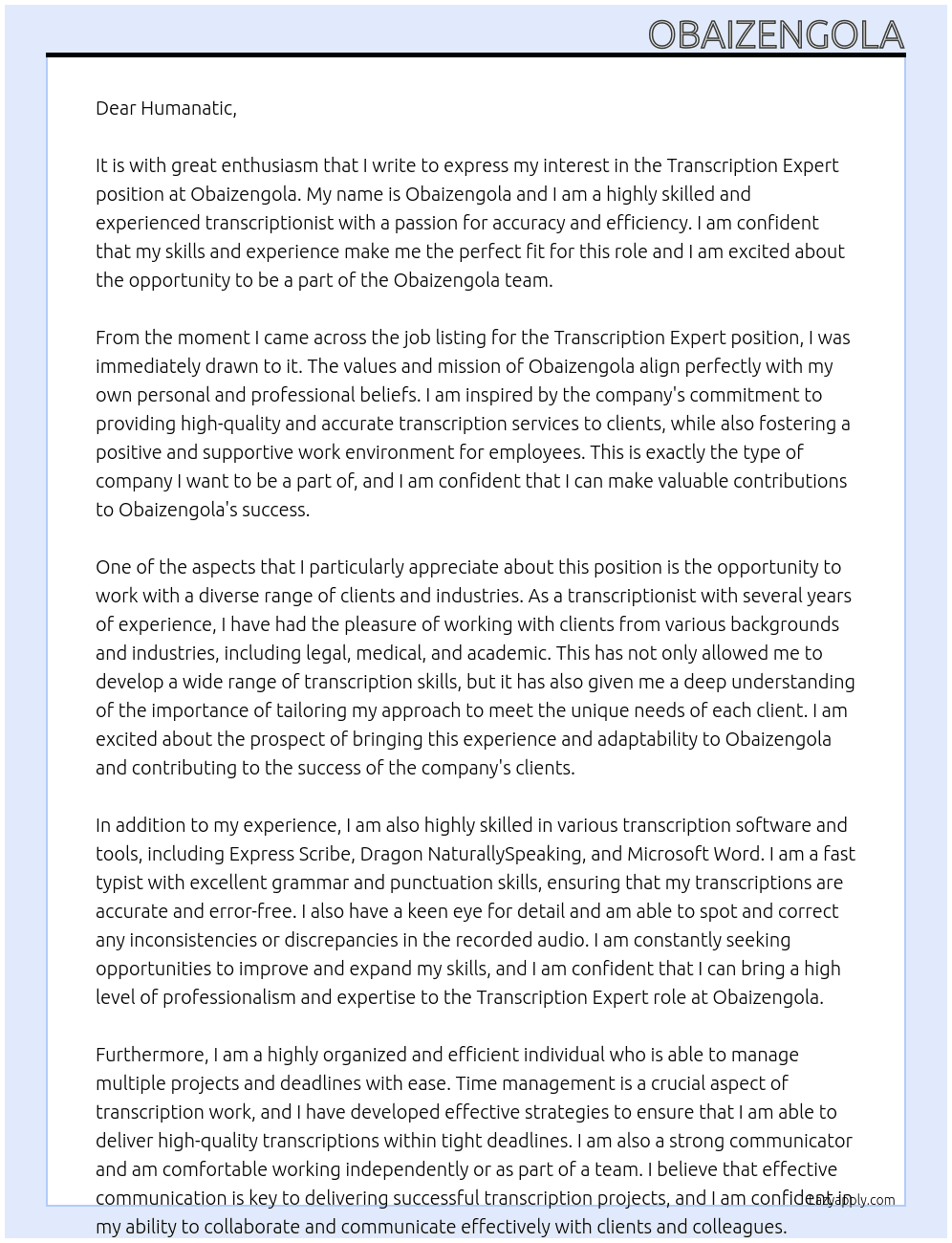 Transcription expe At Obaizengola Cover Letter