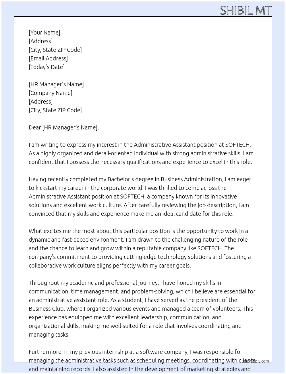 Administrative assistant At SOFTECH Cover Letter