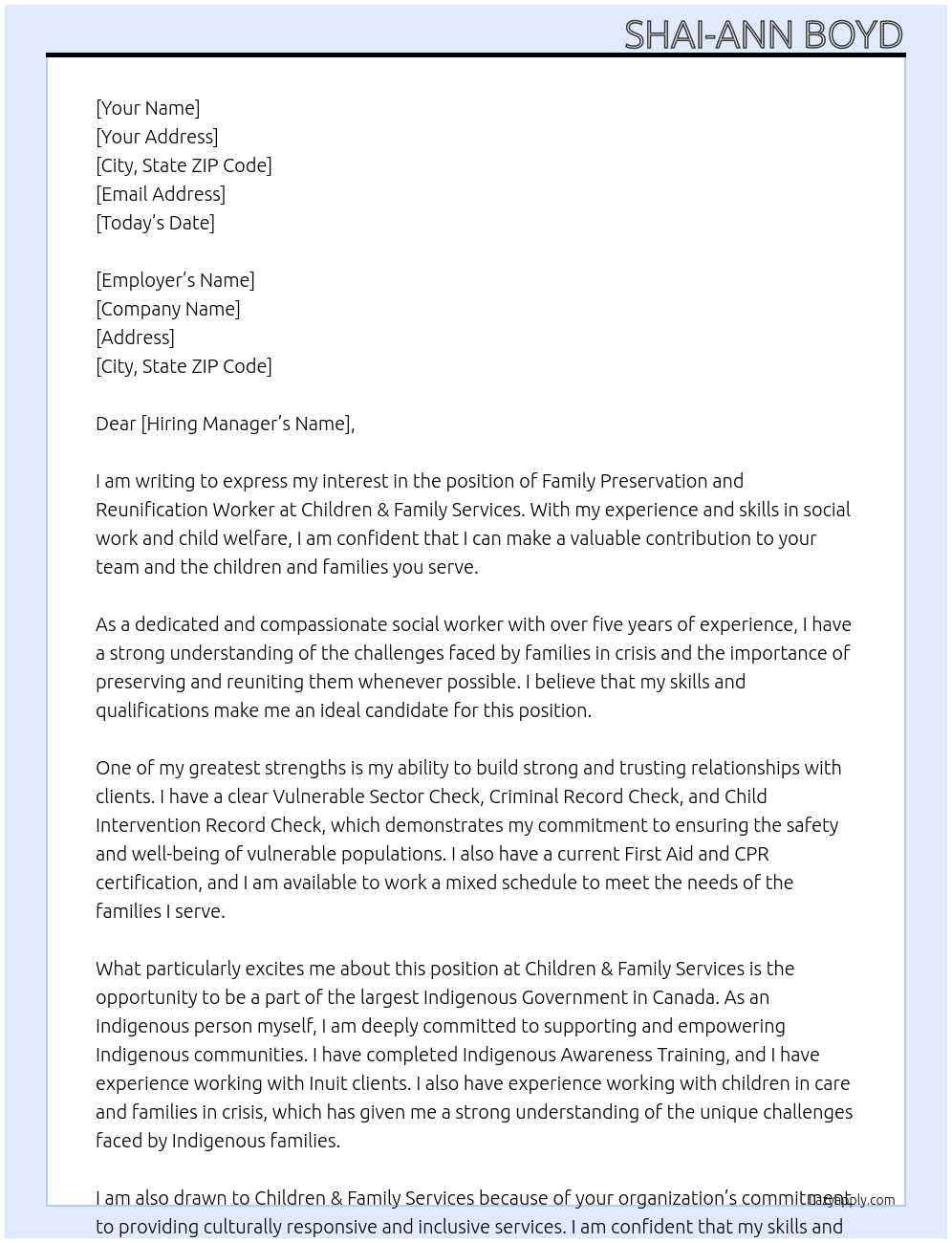 Family Preservation and Reunification Worker At Children & Family Services Cover Letter