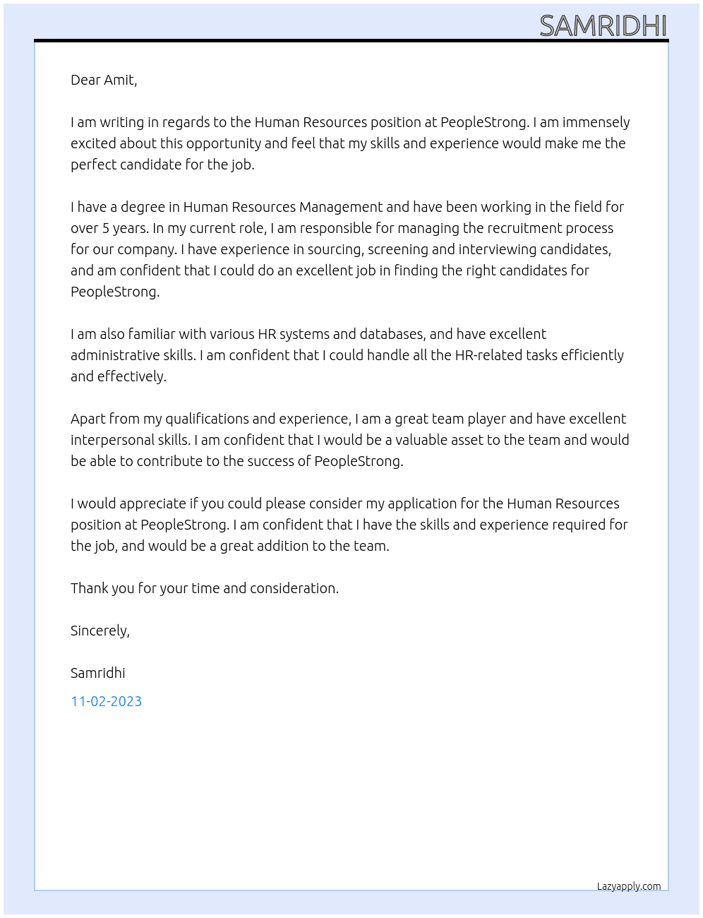 Human Resources  At PeopleStrong Cover Letter