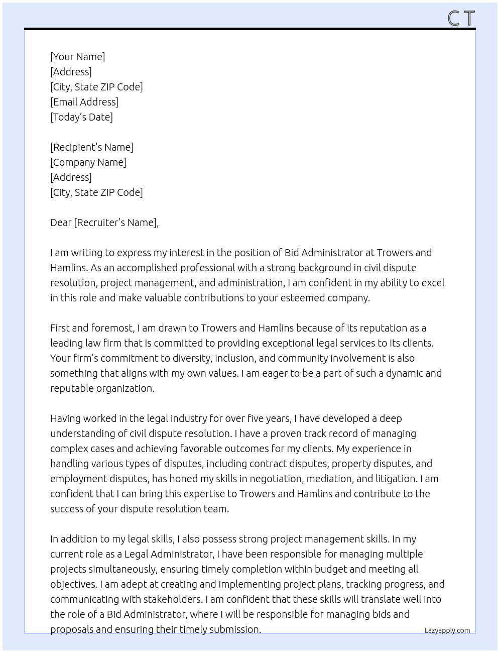 bid administrator  At trowers and hamlins Cover Letter