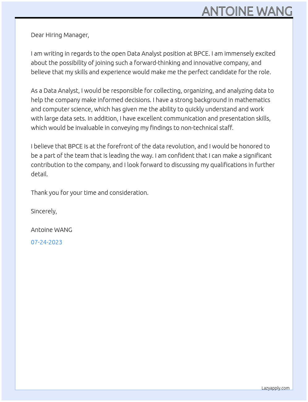 Data analyst At BPCE Cover Letter