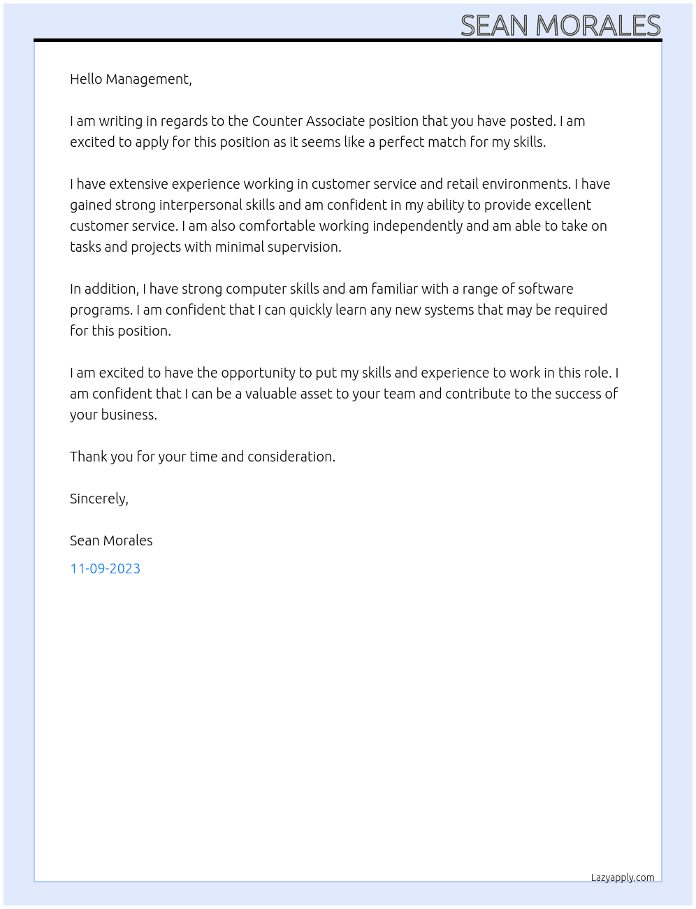  Counter Associate At UPS store Cover Letter