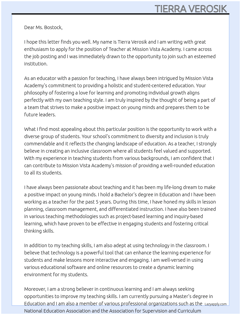 Teacher  At Mission Vista Academy  Cover Letter