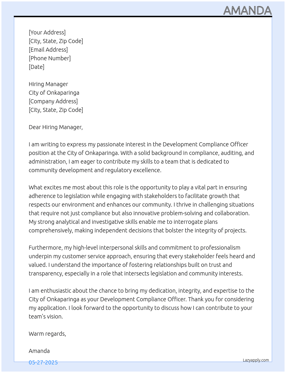 Development Compliance Officer At City of Onkaparinga Cover Letter