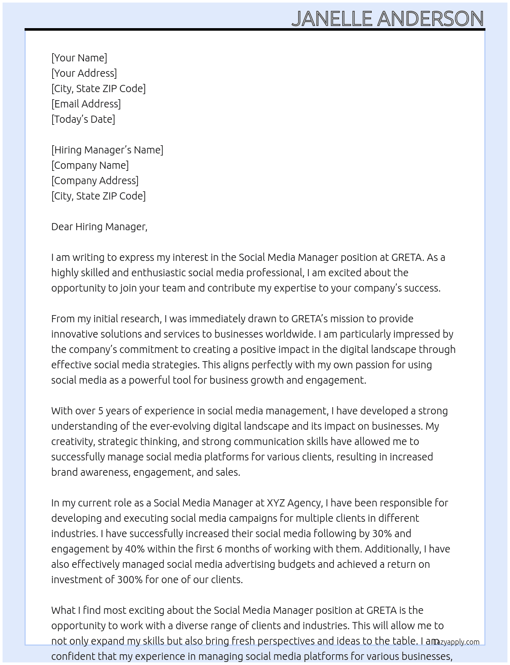 Social Media Manager  At GRETA Cover Letter