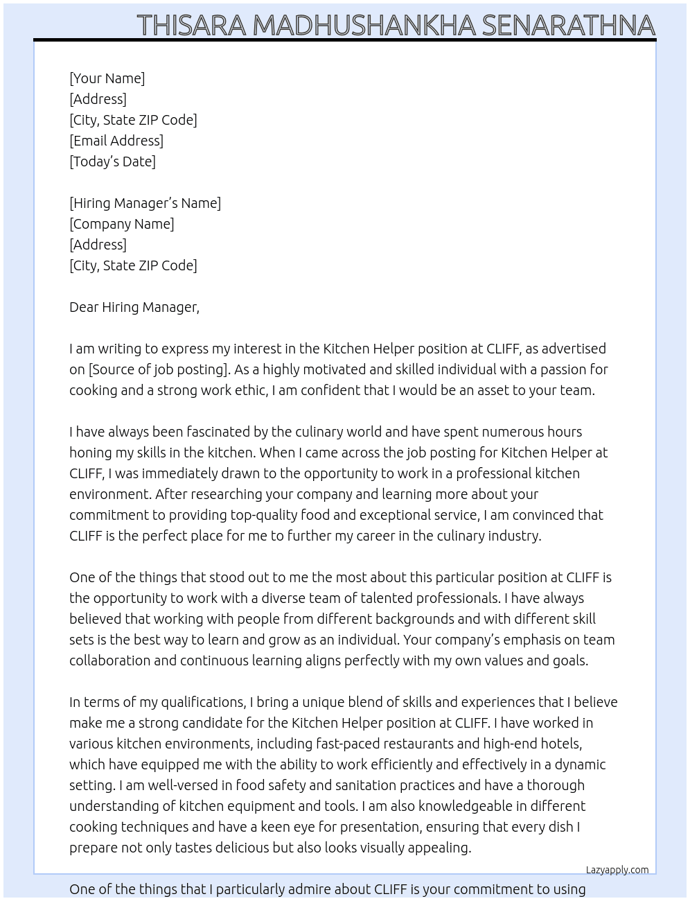 Kitchen helper  At CLIFF Cover Letter
