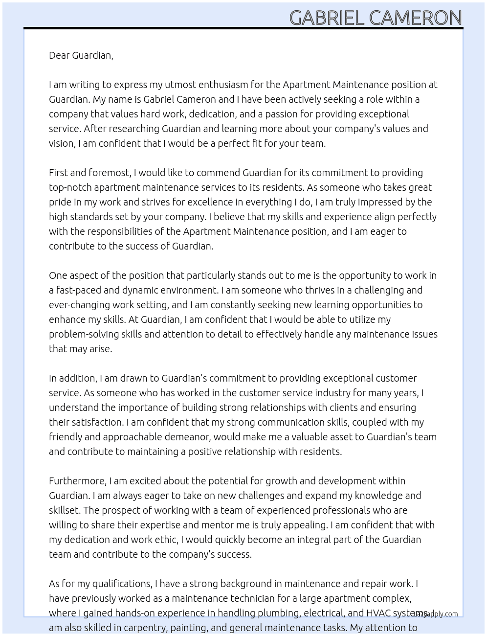 Apartment maintenance At Guardian Cover Letter