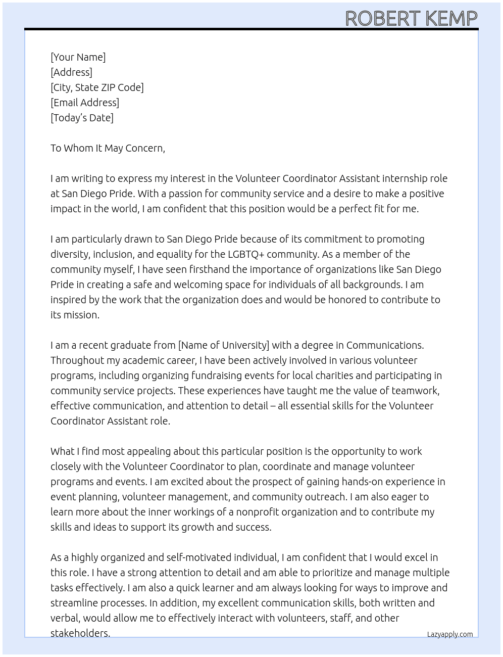 Volunteer coordinator assistant  At San Diego Pride Cover Letter