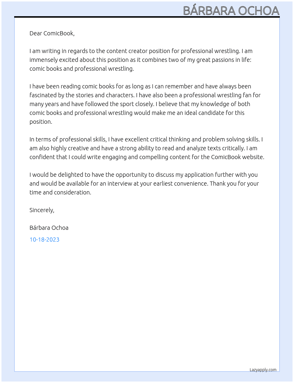 Creador de contenido de lucha libre At Comicbook Cover Letter