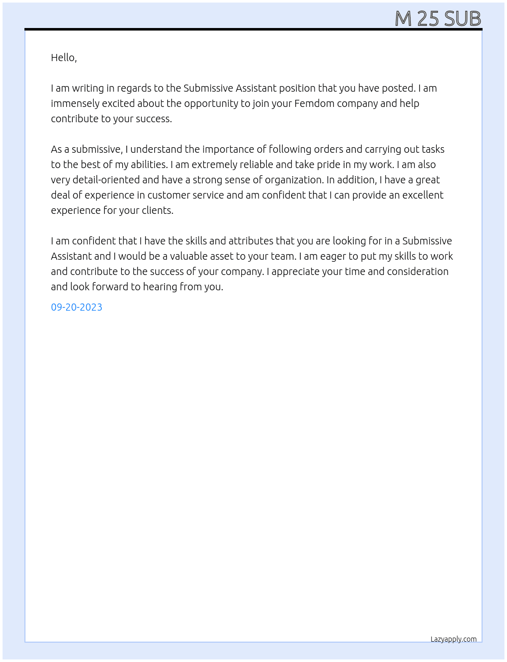 Submissive Assistant  At Femdom company Cover Letter