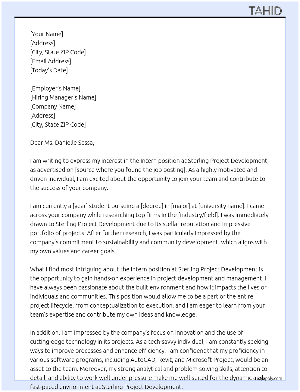 Intern At Sterling Project development Cover Letter