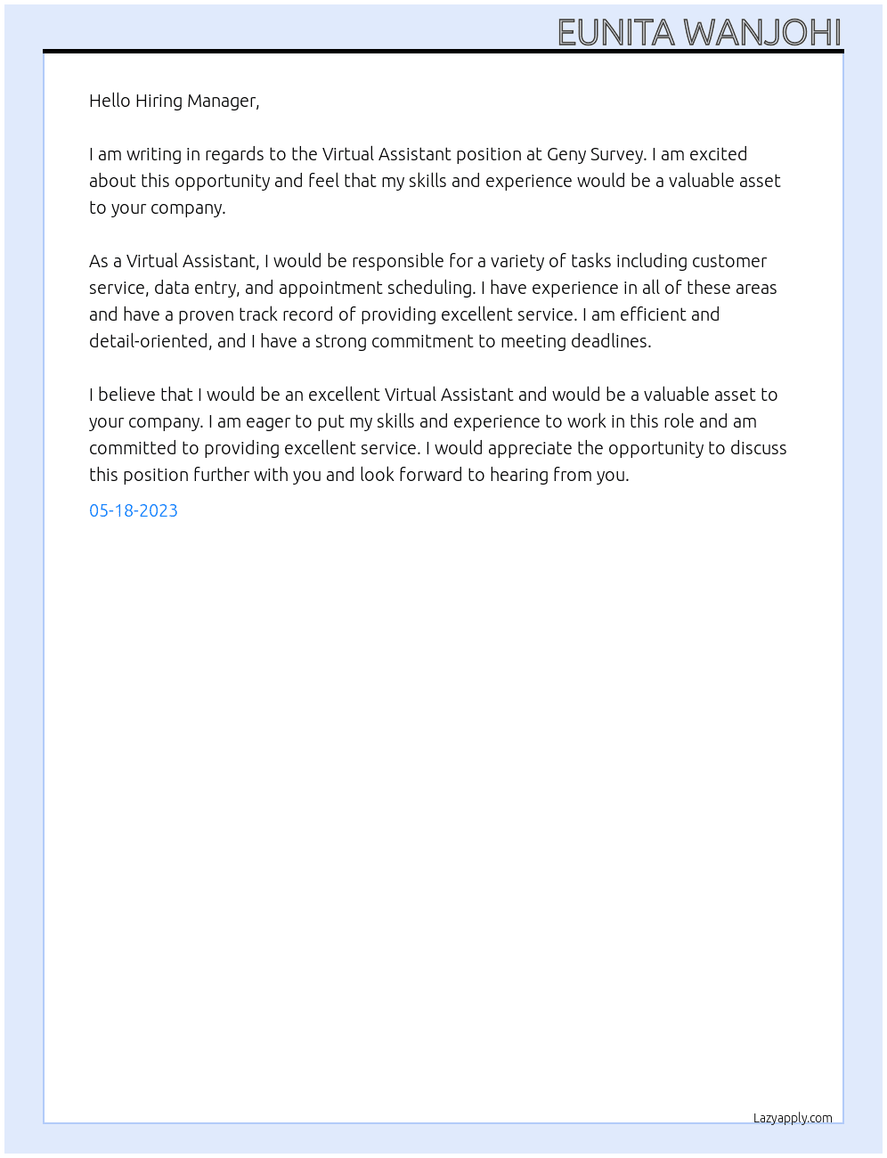 Virtual assistant At Geny Survey Cover Letter