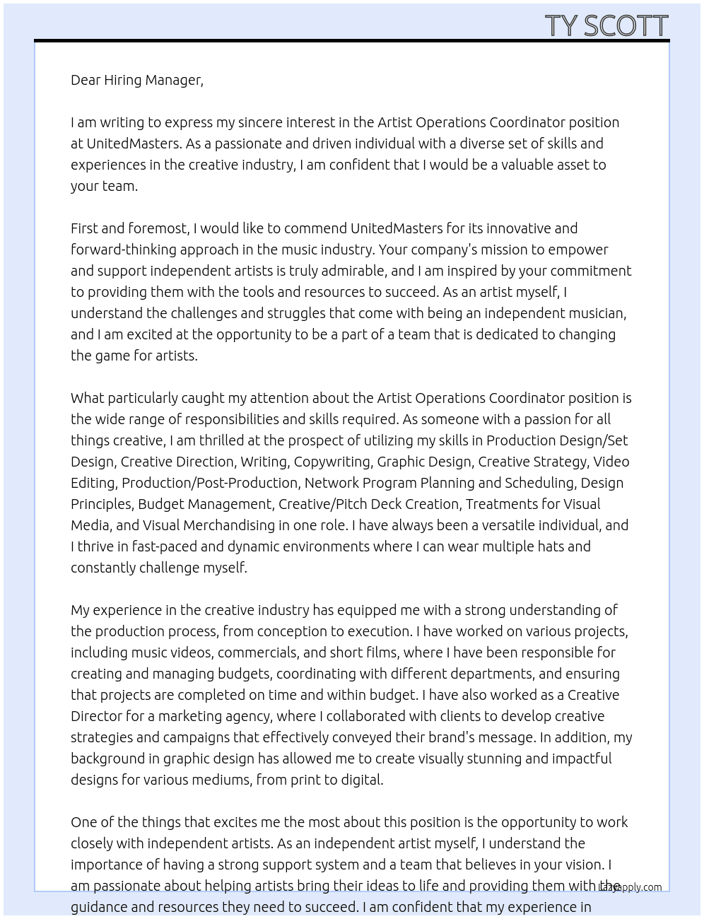 Cover letter for artist operations coordinator - LazyApply