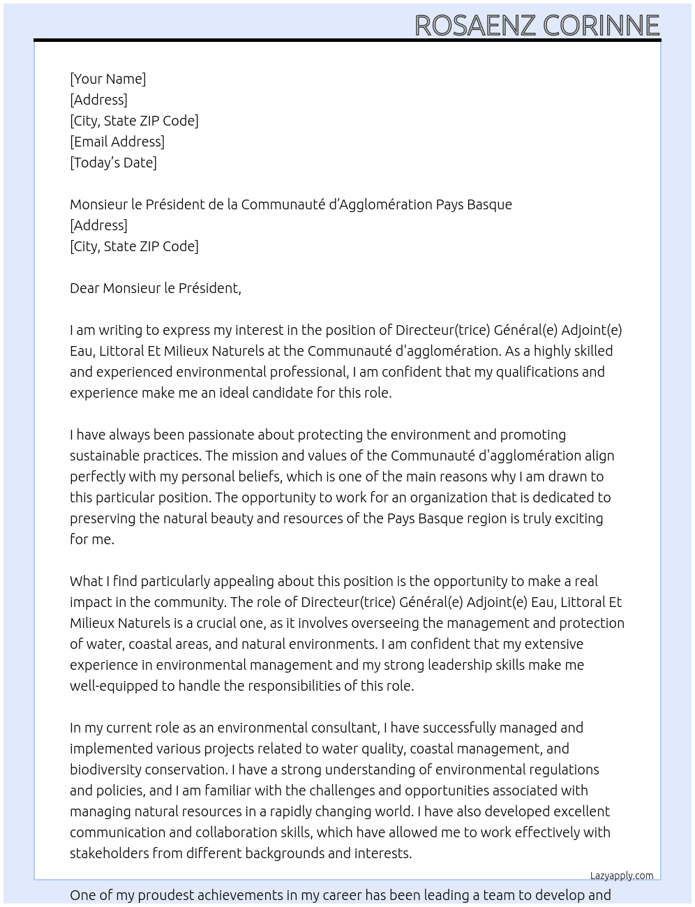 Directeur(trice) Général(e) Adjoint(e) Eau, Littoral Et Milieux Naturels At Communauté d'agglomération Cover Letter