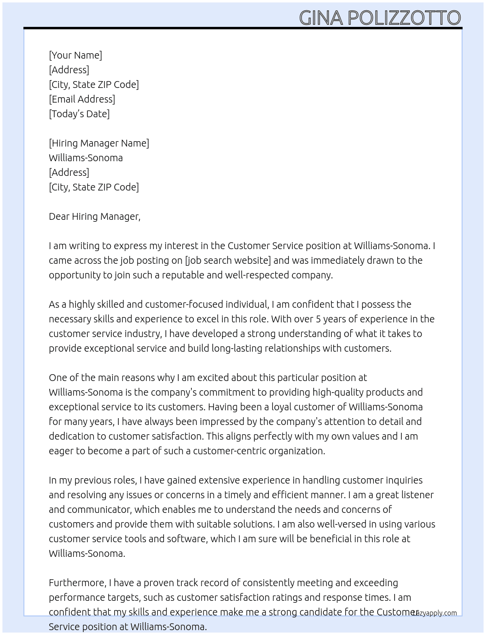 Customer Service At Williams-Sonoma Cover Letter