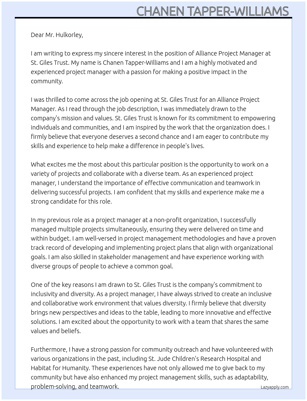 Alliance Project Manager  At St. Giles Trust Cover Letter