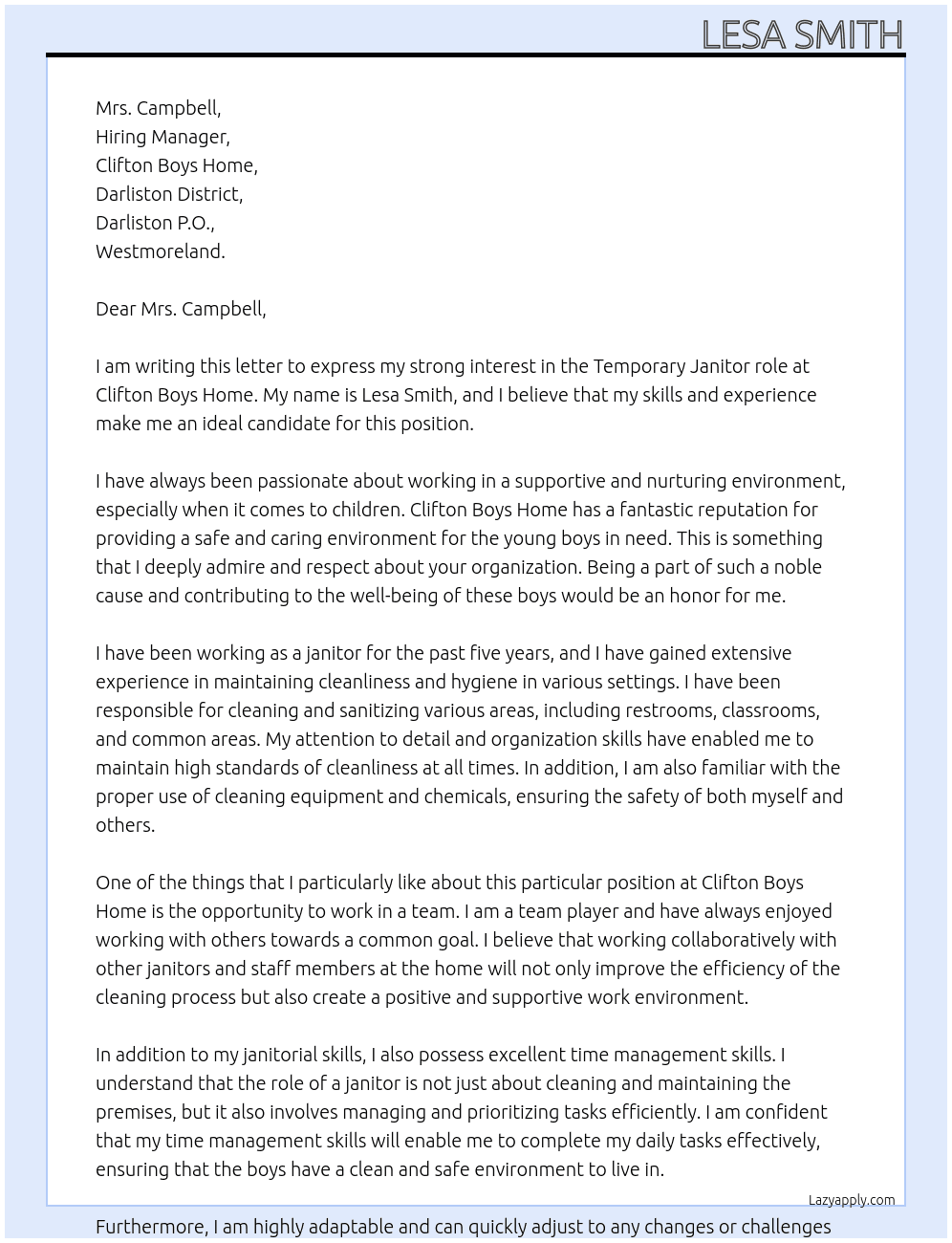 Janitor  At Clifton Boys Home  Cover Letter