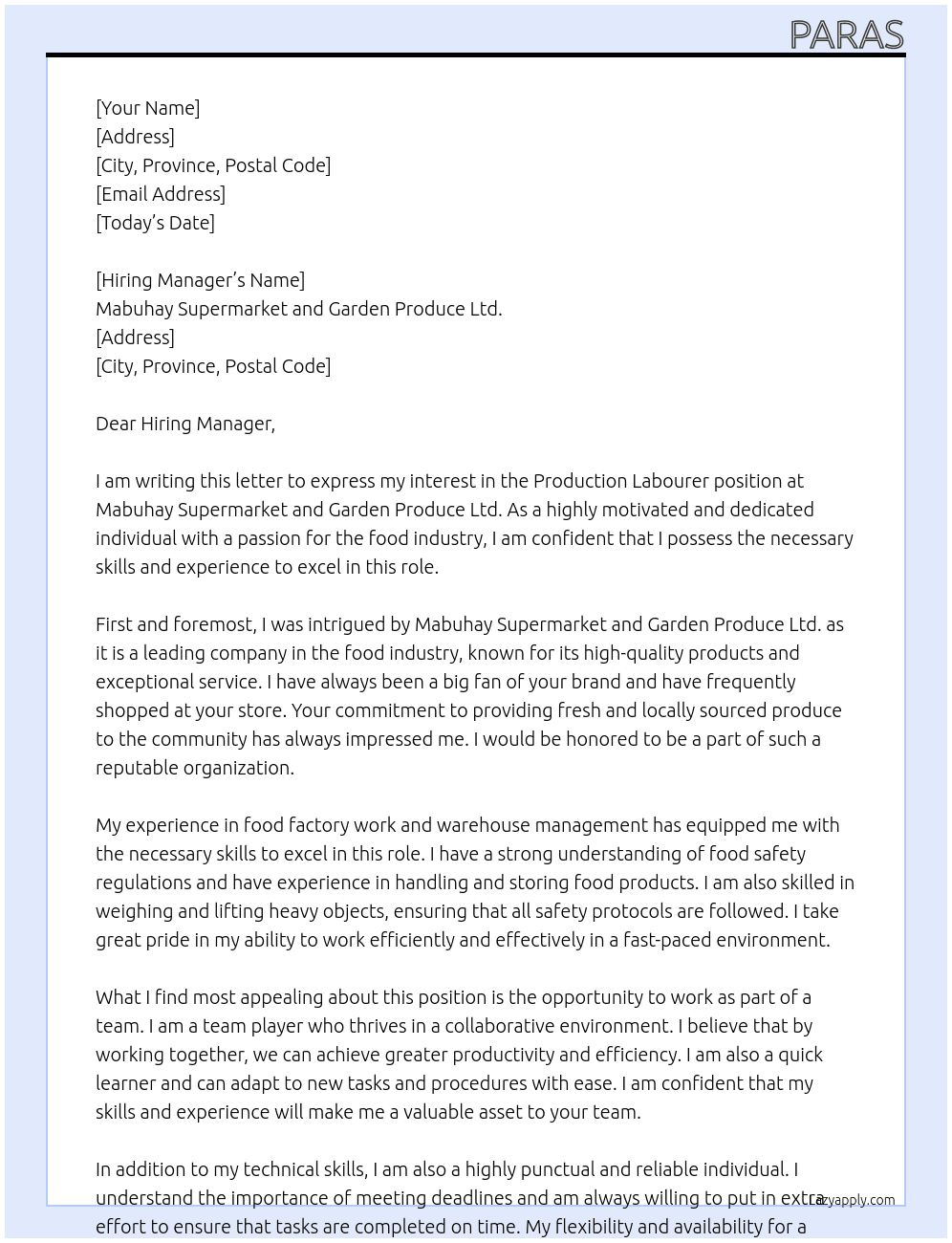 Production Labourer At Mabuhay Supermarket and Garden Produce Ltd. Cover Letter