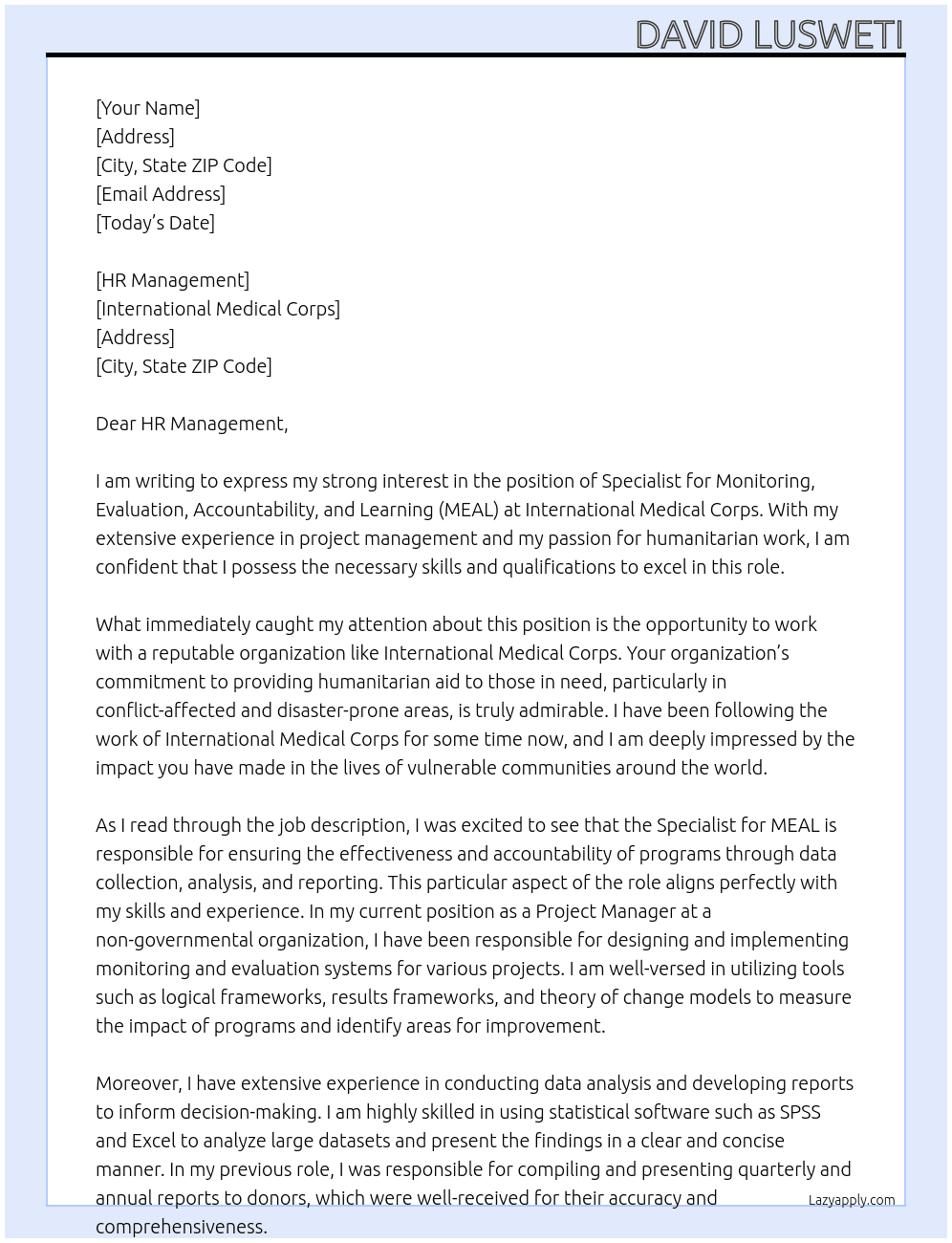 pecialist, Monitoring, Evaluation, Accountability, and Learning (MEAL)  At nternational Medical Corps Cover Letter