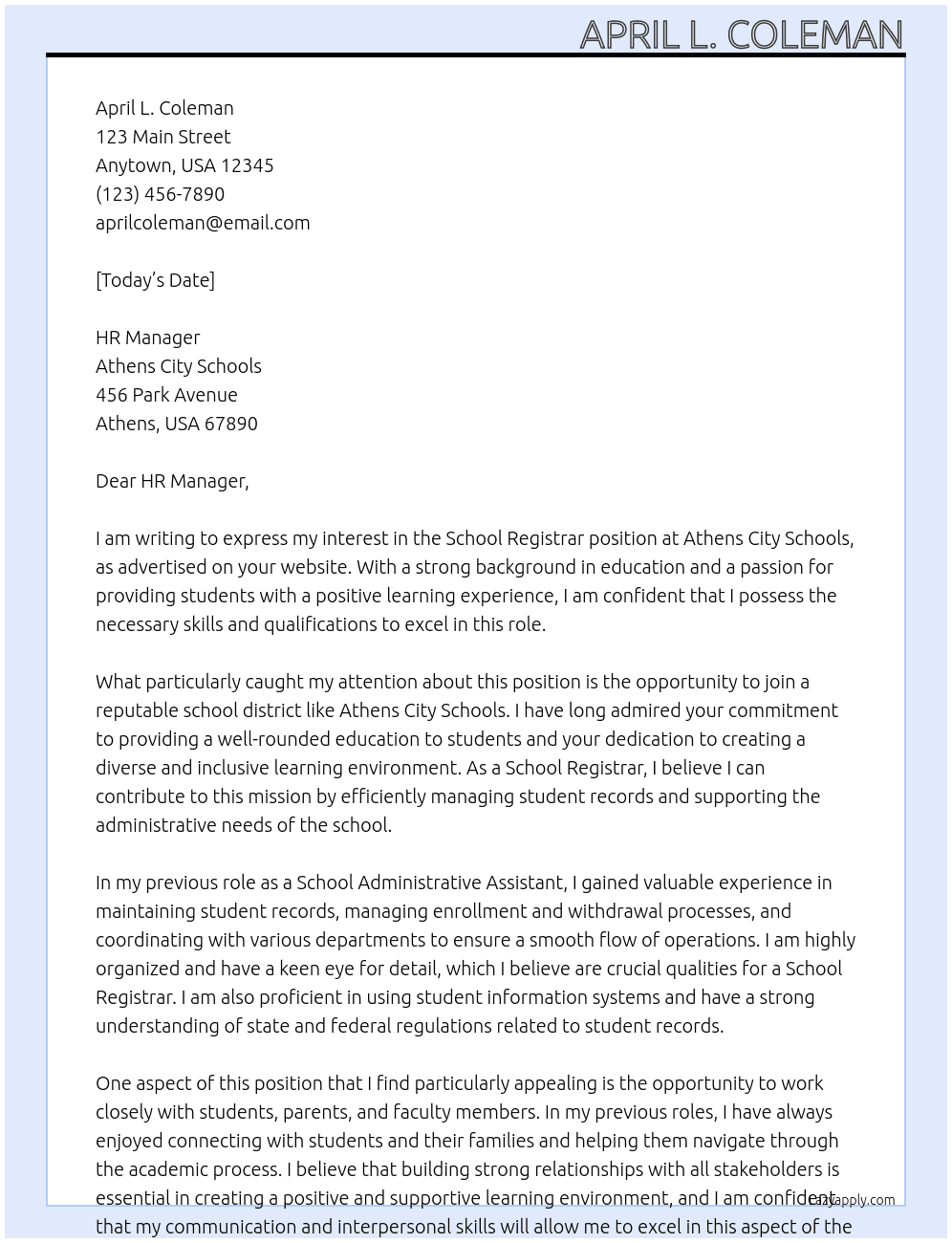School Registrar At ATHENS CITY SCHOOLS Cover Letter