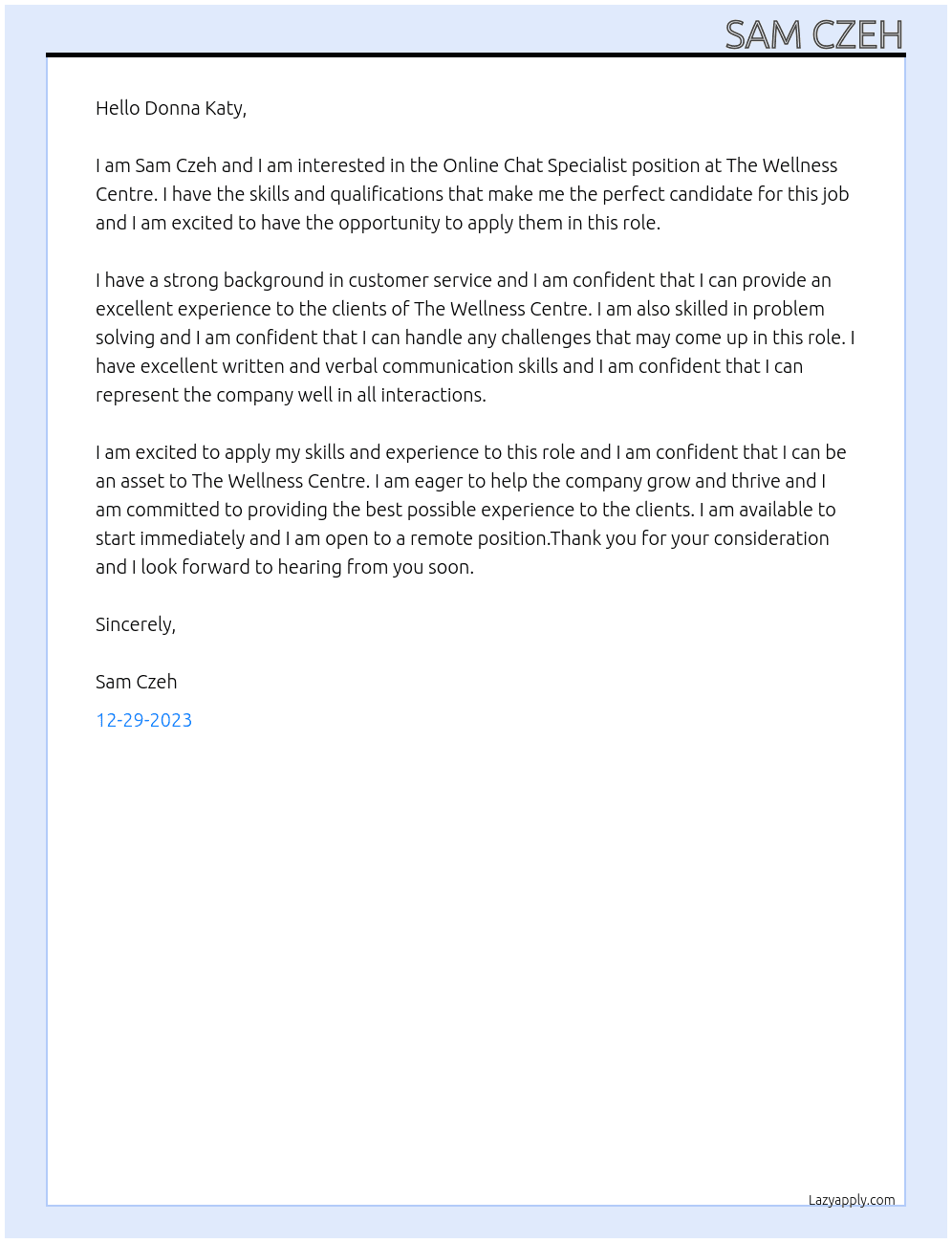 Online Chat Specialist At The Wellness Centre Cover Letter