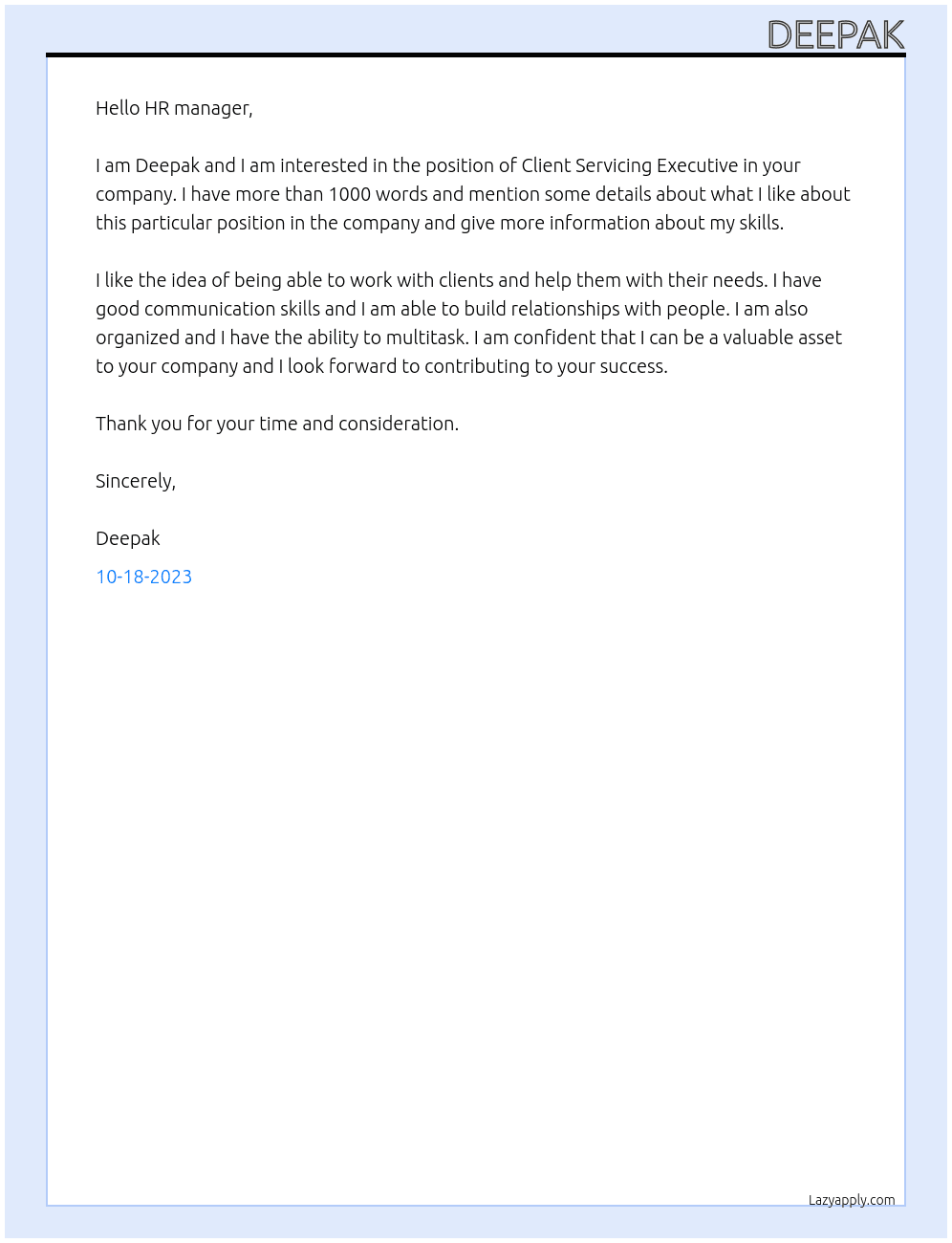 Client Servicing Executive At Hastaginc Cover Letter
