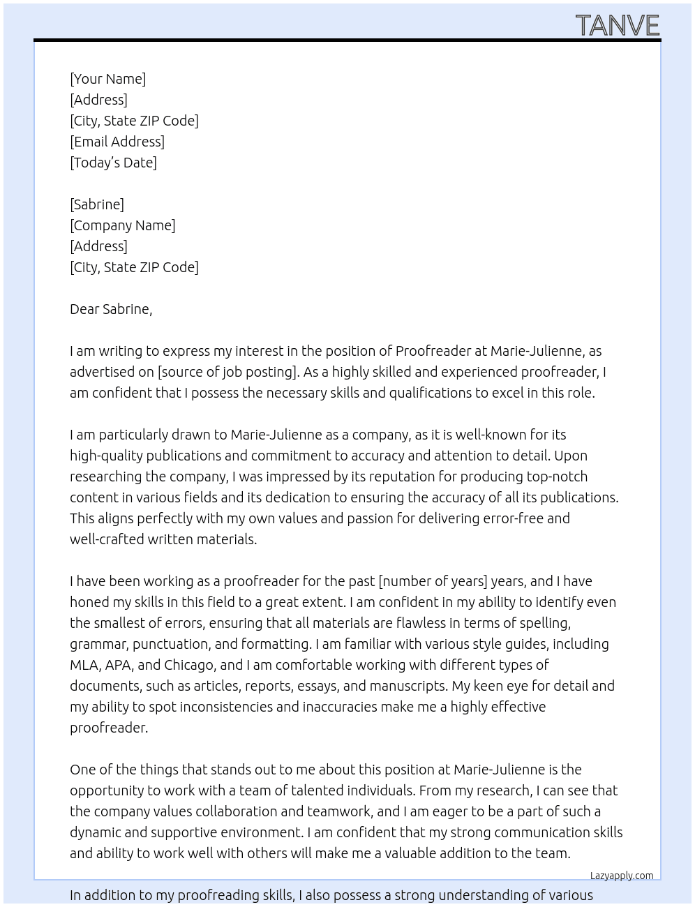 Proof reader At Marie-Julienne, Cover Letter