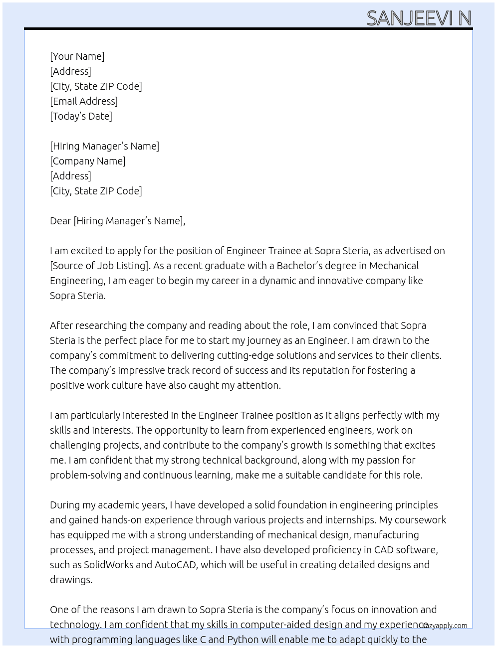 Engineer trainee as fresher At Sopra steria Cover Letter