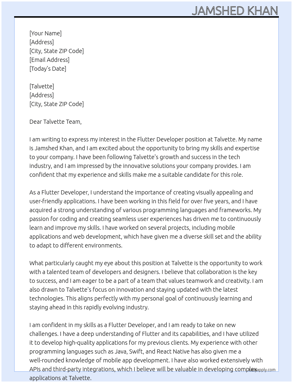 Flutter Developer At Talvette Cover Letter