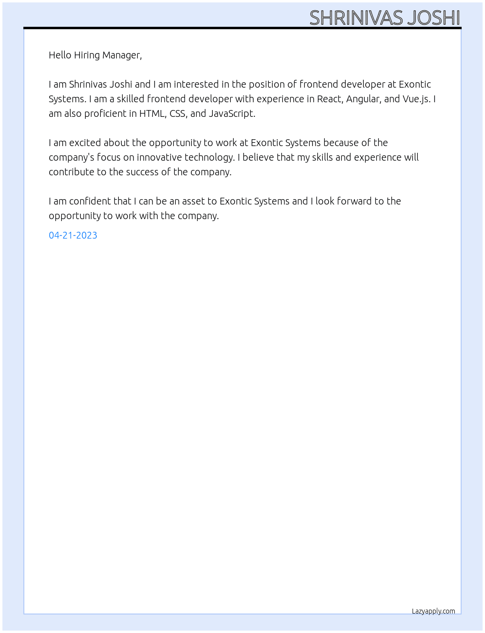 frontend developer At Exontic Systems  Cover Letter