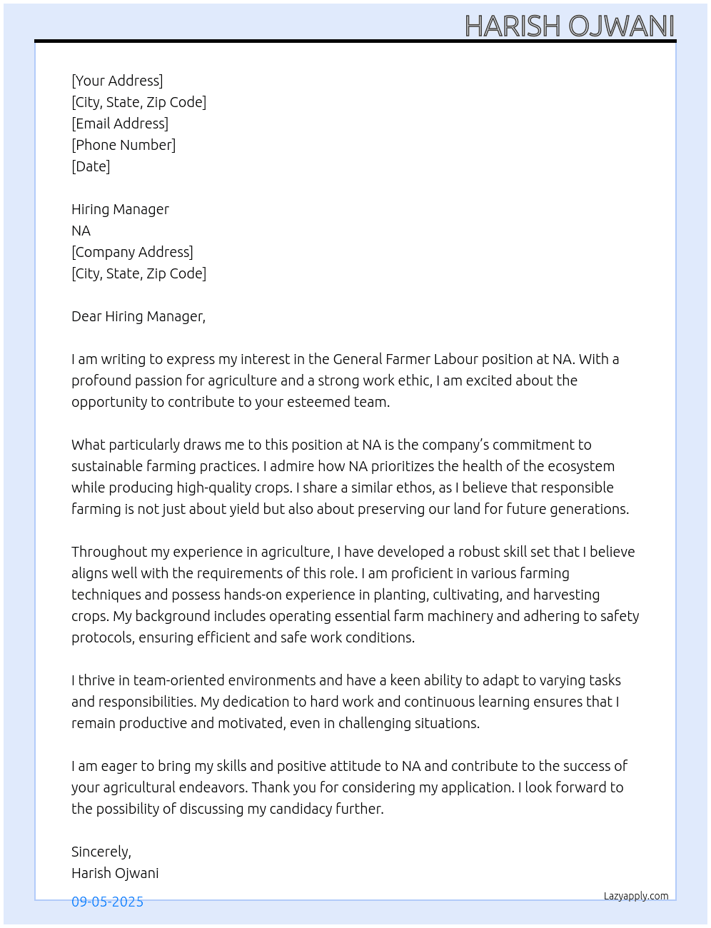 Cover letter for general farmer labour - LazyApply