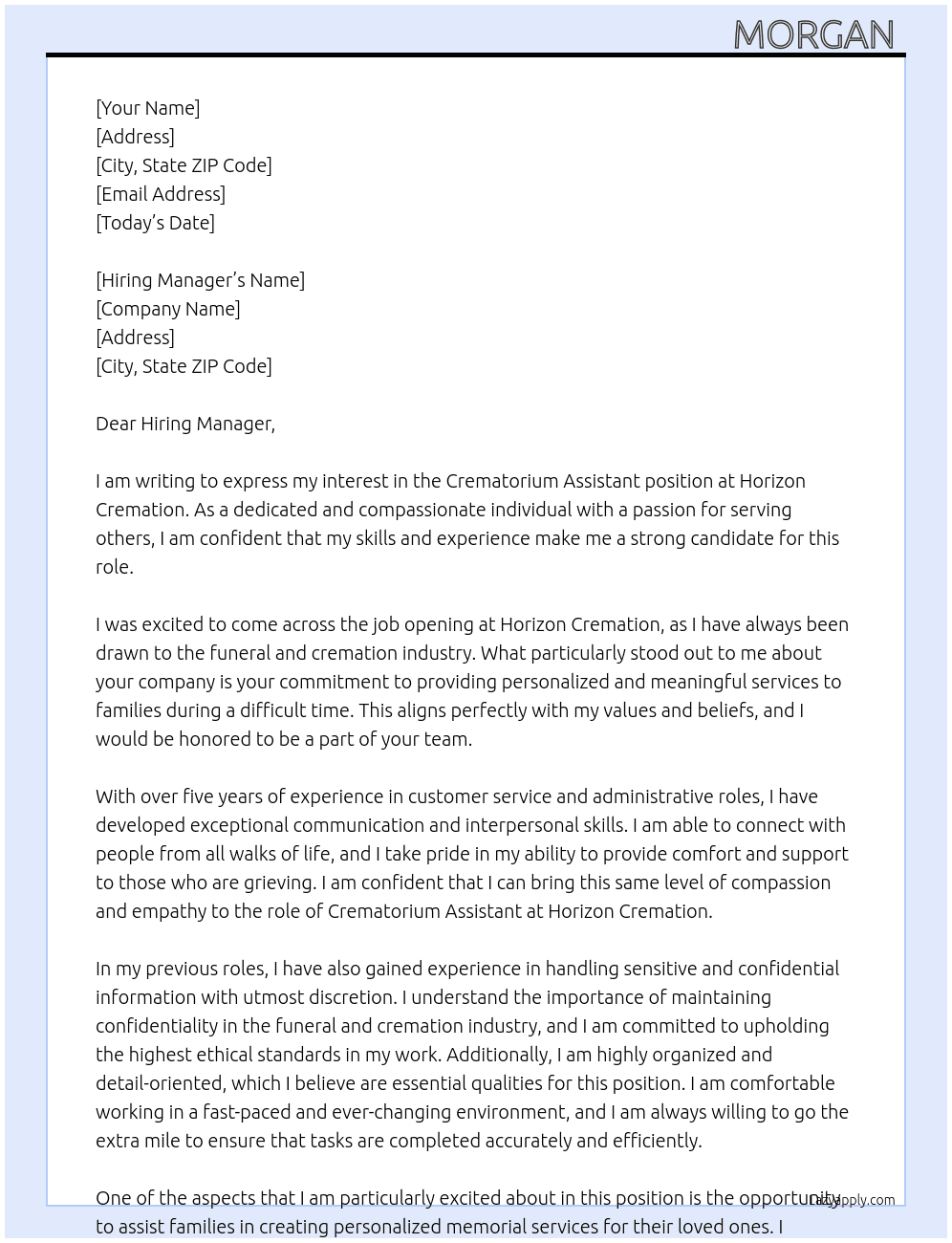 Crematorium Assistant  At Horizon Cremation  Cover Letter