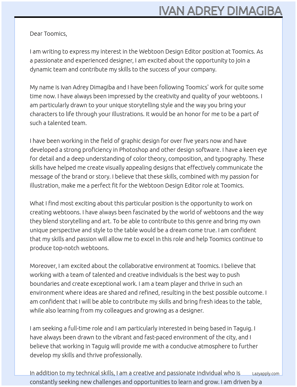 Webtoon Design Editor At Toomics Cover Letter