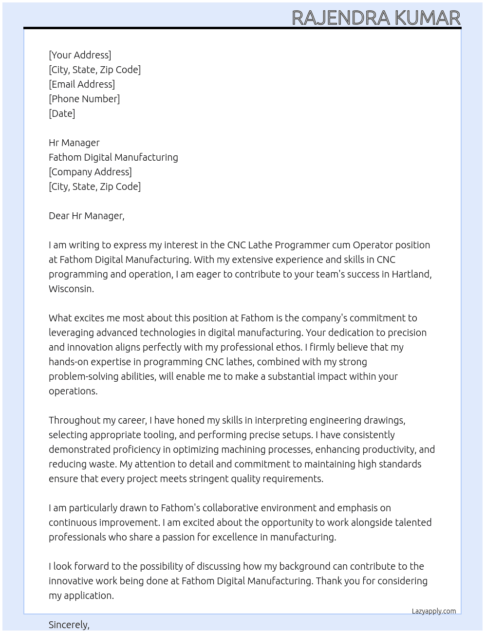 Cnc lathe programmer cum operator At Fathom Digital Manufacturing Cover Letter