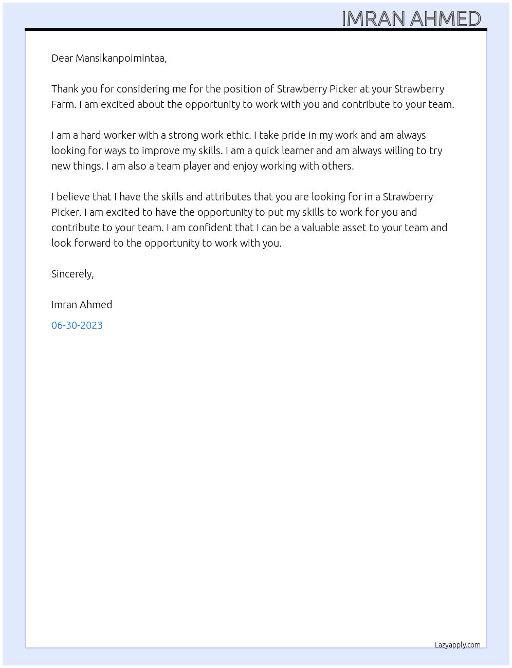 Strawberry Picker  At Strawberry Farm Cover Letter