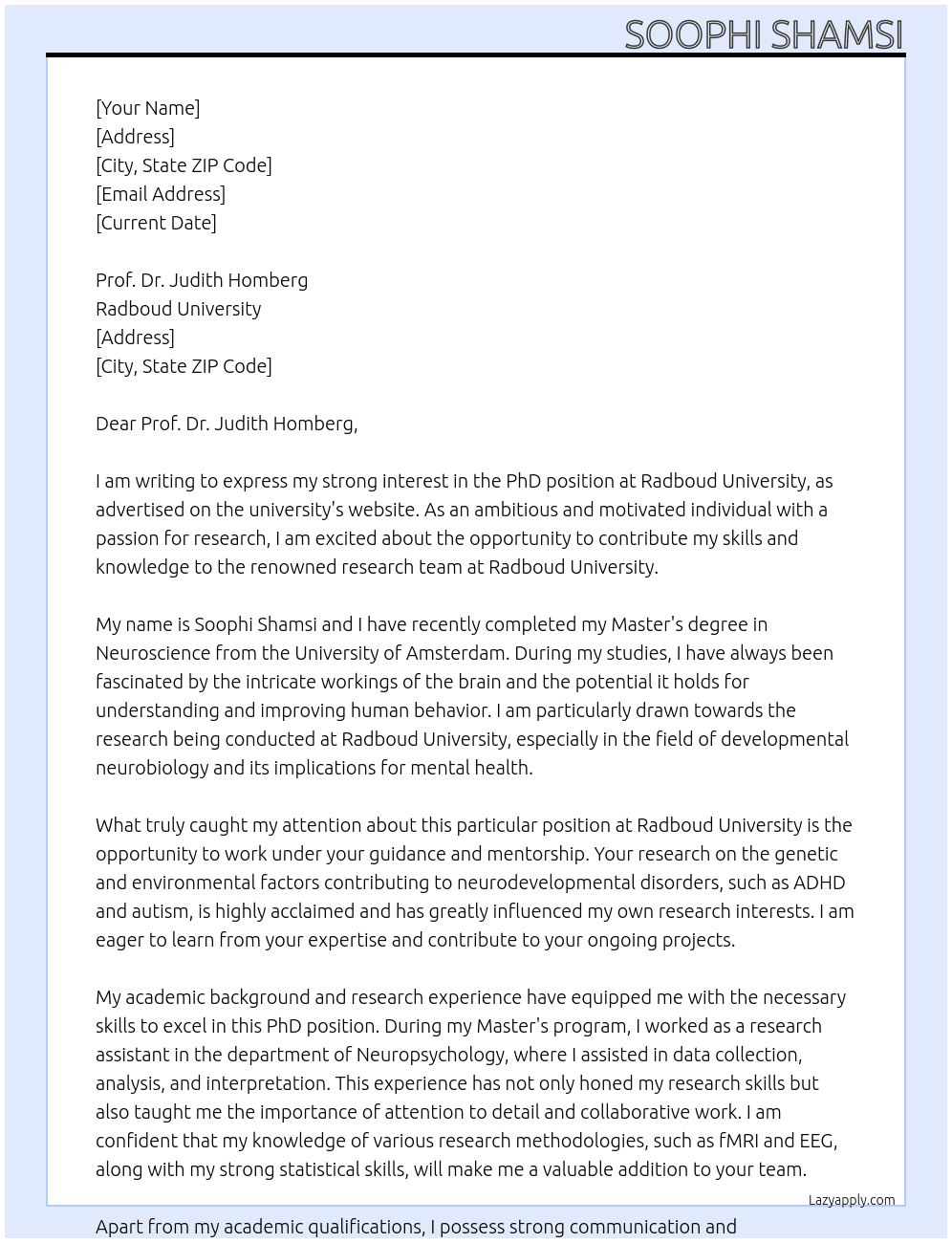 phd At Radboud University, Netherlands Cover Letter