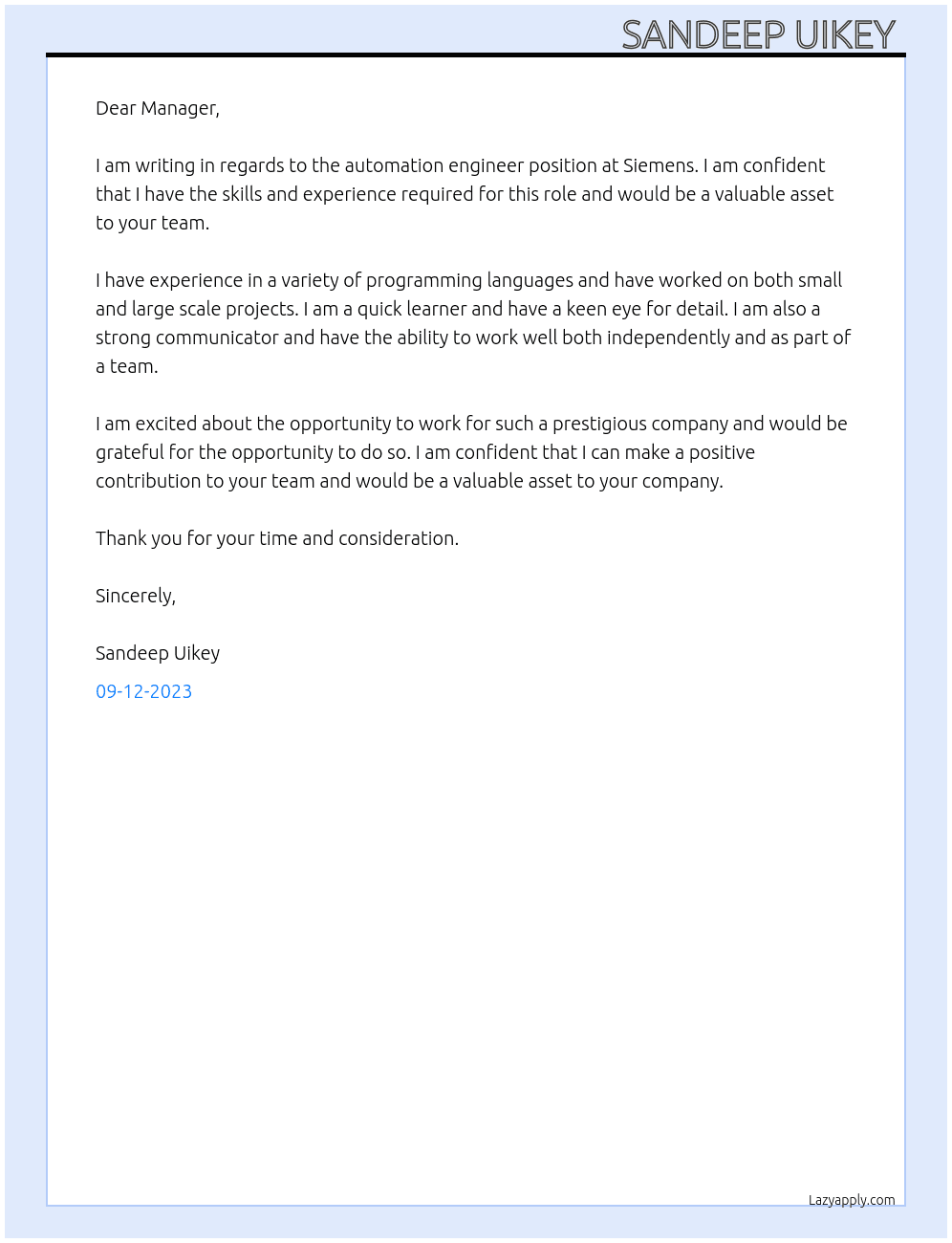 automation engineer  At Siemens  Cover Letter